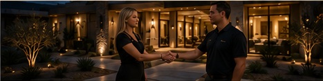 Amanda greeting a homeowner at a Las Vegas residence at night