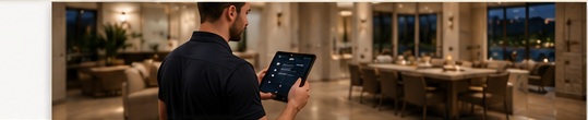 Property manager using an iPad while inspecting a luxury Las Vegas home